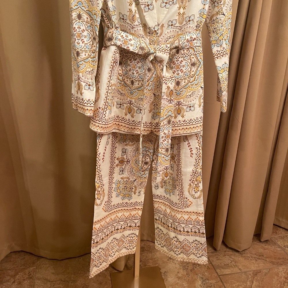 NEW! ZARA WOMAN PRINTED LINEN BLEND BLAZER + PANTS SET Size XS NWT! - Picture 8 of 15